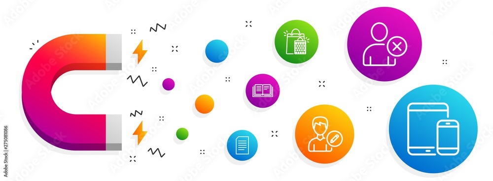 Magnet attracting. Delete user, Document and Shopping bags icons simple set. Education, Edit person and Mobile devices signs. Remove profile, Information file. Business set. Vector Magnet attracting. Delete user, Document and Shopping bags icons simple set. Education, Edit person and Mobile devices signs. Remove profile, Information file. Business set. Vector