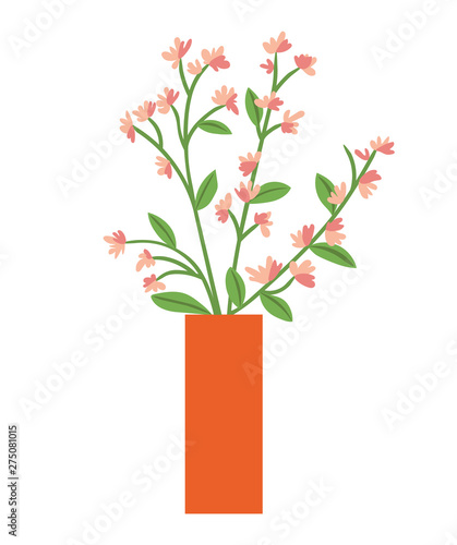 Flowers in vase or flowerpot with blooming plant isolated interior design decorative element. Vector pink blossoms and green leaves, pot with buds on branch