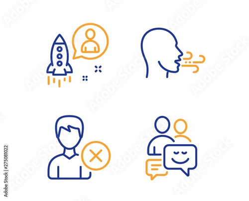 Remove account, Startup and Breathing exercise icons simple set. Communication sign. Delete user, Developer, Breath. Business messages. People set. Linear remove account icon. Colorful design set