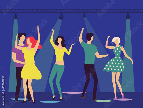 People in club vector, nightlife of youth man and woman hugging and dancing, male and female having fun moving and relaxing, disco dancers flat style