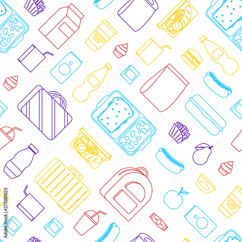 Thin Line Color School Lunch Food Boxes Seamless Pattern Background. Vector