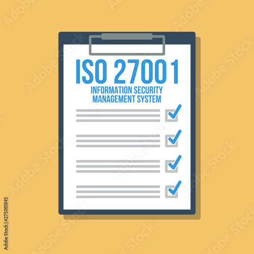 information security management system checklist in clipboard, flat vector illustration