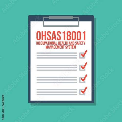 occupational health and safety management system checklist in clipboard, flat vector illustration
