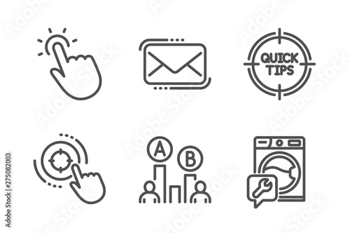 Touchpoint, Seo target and Messenger mail icons simple set. Tips, Ab testing and Washing machine signs. Touch technology, Click aim. Technology set. Line touchpoint icon. Editable stroke. Vector