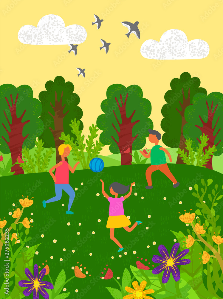 Fototapeta premium Children playing in group vector, boys and girls with inflatable ball outdoors activities of kids, swallows flying in sky. Forest with trees and flowers