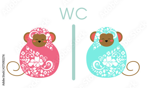 Sign toilet WC on white background cute kawaii monkey nesting doll  matrioshka, symbolizing male and female, nameplate pointer