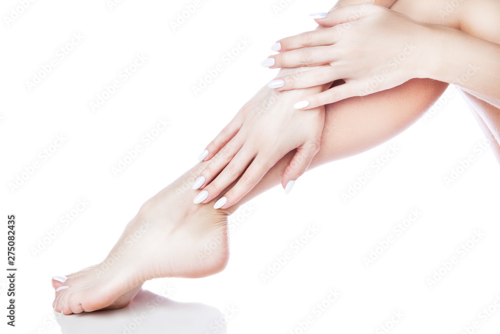 irl legs and hands, manicure pedicure, smooth healthy skin. Isolated. White background. Copy space irl legs and hands, manicure pedicure, smooth healthy skin. Isolated. White background. Copy space