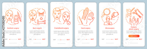 Plastic surgery sub-specialties onboarding mobile app page screen vector template