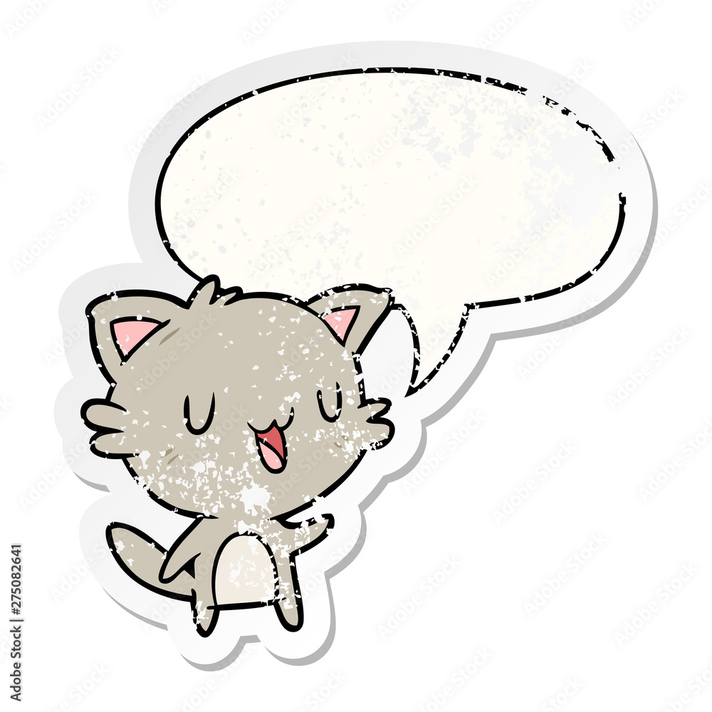 cartoon happy cat and speech bubble distressed sticker cartoon happy cat and speech bubble distressed sticker