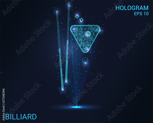 Hologram Billiards. Billiard balls and cue. Flickering energy flux of particles. Scientific sports design.