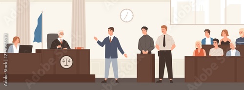 Advocate or barrister giving speech in courtroom in front of judge and jury. Legal defence, public hearing and criminal procedure at court or tribunal. Flat cartoon colorful vector illustration.