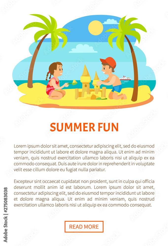 Summer fun, children on beach making sand castle, summertime activity. Palm trees and coastline, kids making figures at seashore. Website or webpage template, landing page flat style
