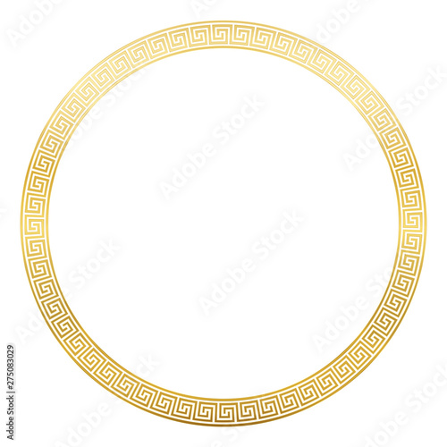 Ancient pattern frame, round golden meander design with seamless greek pattern,  decorative border, constructed from continuous lines, shaped into a repeated motif. White background.