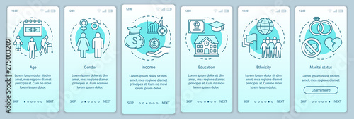 Demographics turquoise gradient onboarding mobile app page screen vector template. Social characteristics walkthrough website steps with linear illustrations. UX, UI, GUI smartphone interface concept