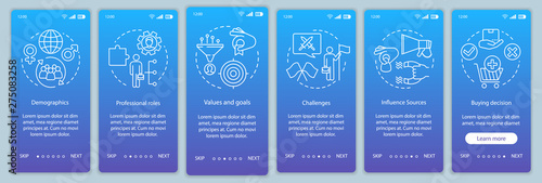 Buyer persona blue gradient onboarding mobile app page screen vector template. Human activity walkthrough website steps with linear illustrations. UX, UI, GUI smartphone interface concept