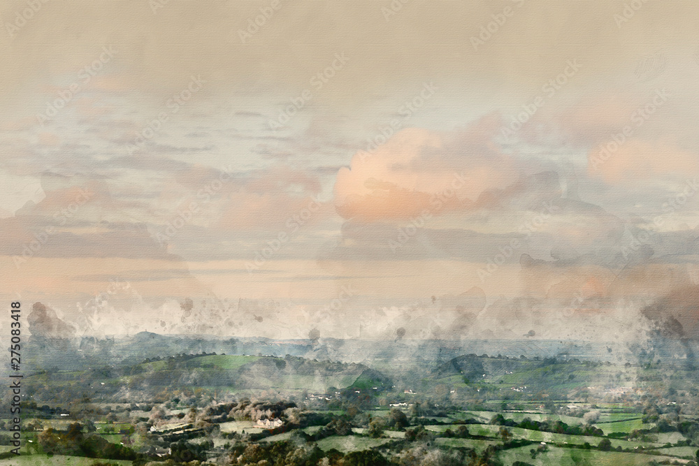 Fototapeta premium Digital watercolor painting of Beautiful dawn landscape over Somerset Levels in English countryside
