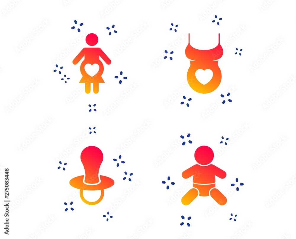 Fototapeta premium Maternity icons. Baby infant, pregnancy and dummy signs. Child pacifier symbols. Shirt with heart. Random dynamic shapes. Gradient maternity icon. Vector