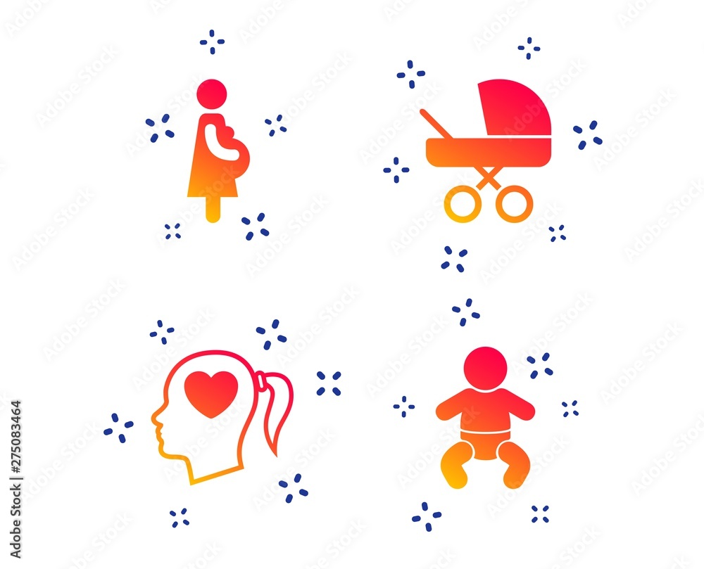 Maternity icons. Baby infant, pregnancy and buggy signs. Baby carriage pram stroller symbols. Head with heart. Random dynamic shapes. Gradient pregnant icon. Vector Maternity icons. Baby infant, pregnancy and buggy signs. Baby carriage pram stroller symbols. Head with heart. Random dynamic shapes. Gradient pregnant icon. Vector