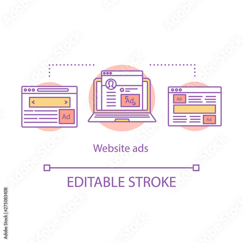 Website display ads concept icon. Laptop with social media advertising website idea thin line illustration. Online advertising. Social ads digital marketing vector isolated drawing. Editable stroke