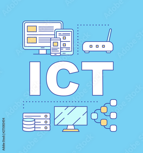 ICT blue word concepts banner. Presentation, website. Information and communication technology, innovation. Isolated lettering typography idea with linear icons. Vector outline illustration