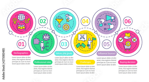 Buyer persona vector infographic template. Business presentation design elements. Data visualization with 6 steps and options. Process timeline chart. Workflow layout with linear icons