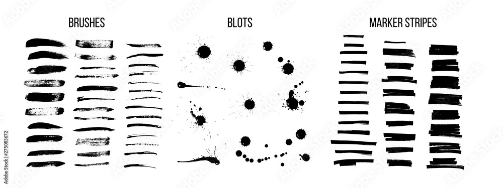 Black ink brush strokes vector set