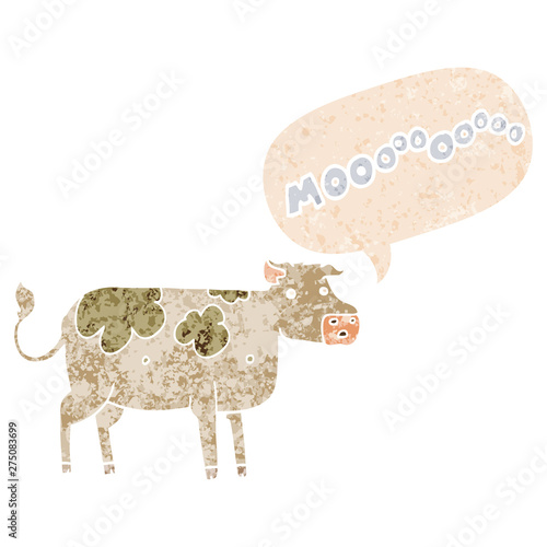 cartoon cow and speech bubble in retro textured style