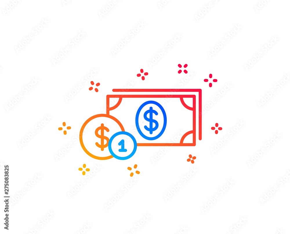 Cash money with Coins line icon. Banking currency sign. Dollar or USD symbol. Gradient design elements. Linear dollar money icon. Random shapes. Vector Cash money with Coins line icon. Banking currency sign. Dollar or USD symbol. Gradient design elements. Linear dollar money icon. Random shapes. Vector