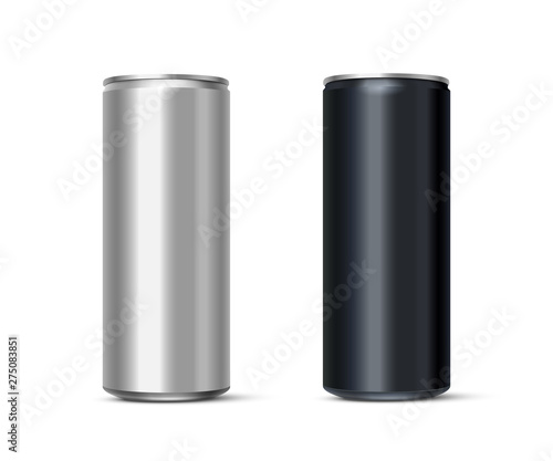 Aluminium energy drink or soda pack mock up. Vector realistic blank metallic cans isolated on white background.