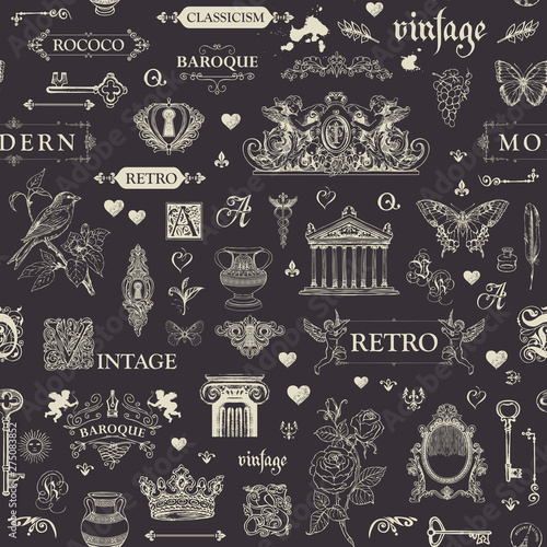 Vector seamless pattern, hand drawn background on the theme of vintage art objects, furniture and Antiques in retro style. Drawing chalk on the blackboard. Wallpaper, wrapping paper, textile, fabric