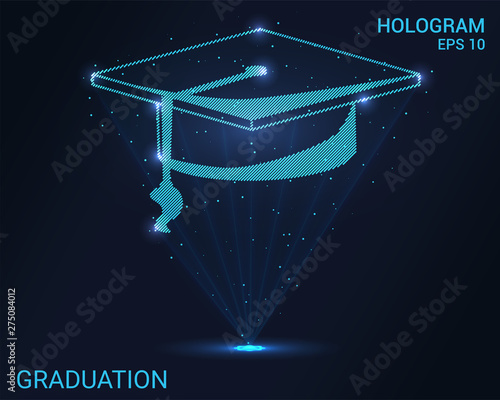 Hologram graduation. Holographic projection of the graduate's cap. Flickering energy flux of particles. Scientific design education.
