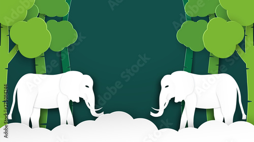 Wildlife elephants with manipulation concept. Minimalism deign in paper cut and craft style. Art digitalcraft for world environment day.