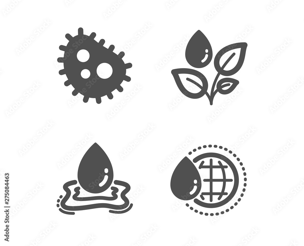 Set of Plants watering, Bacteria and Water splash icons. World water sign. Antibacterial, Aqua drop.  Classic design plants watering icon. Flat design. Vector