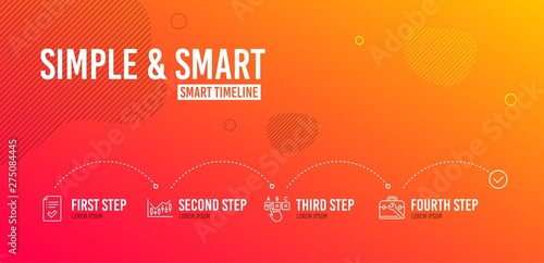 Infographic timeline. Approved checklist, Correct checkbox and Financial diagram icons simple set. Tool case sign. Accepted message, Answer, Candlestick chart. Repair service. 4 steps layout. Vector