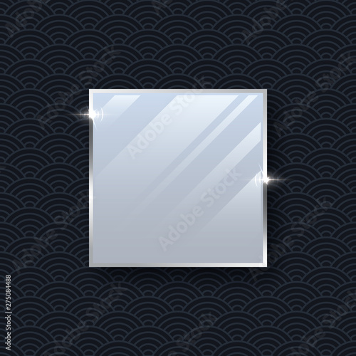 Silver makeup mirror vector mockup isolated on dark pattern background.