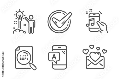 Ab testing, Confirmed and Creative idea icons simple set. Search file, Music phone and Love mail signs. Phone test, Accepted message. Technology set. Line ab testing icon. Editable stroke. Vector
