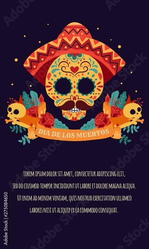 Sugar Skull Portrait with ribbon, red roses, candle. Day of the dead, Dia de Los Muertos, banner with colorful Mexican flowers. Fiesta, holiday poster- Vector Illustration
