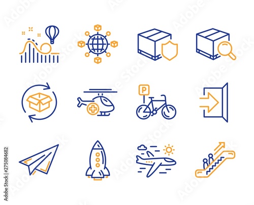 Bicycle parking, Roller coaster and Exit icons simple set. Airplane travel, Rocket and Search package signs. Logistics network, Paper plane and Medical helicopter symbols. Line bicycle parking icon