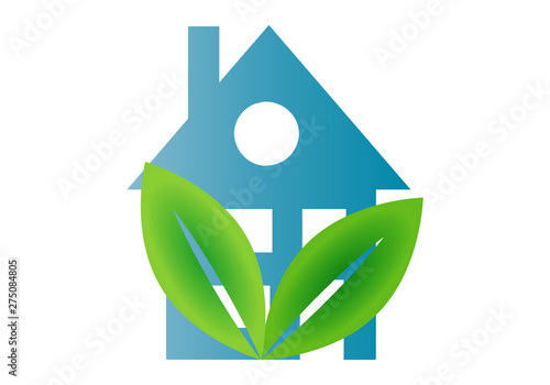 Símbolo de una casa azul con hojas verdes.