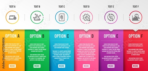 Pyramid chart, Attachment and Notebook service icons simple set. Customisation, Call center and Search signs. Report analysis, Attach document. Technology set. Infographic template. 6 steps timeline