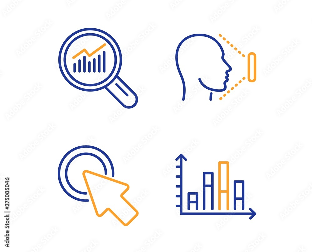 Click here, Data analysis and Face id icons simple set. Diagram graph sign. Push button, Magnifying glass, Identification system. Presentation chart. Science set. Linear click here icon. Vector