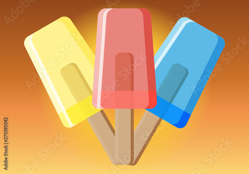 Tres helados de color amarillo, rojo y azul.
