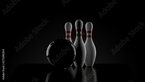 Tableau sur toile Bowling ball and pins on black background