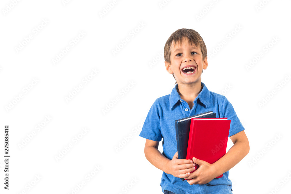 Happy pupil schoolboy with books on white background. Happy pupil schoolboy with books on white background.