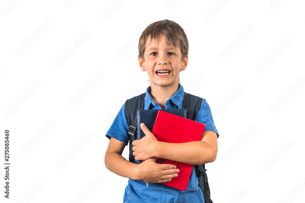 Happy pupil schoolboy with books on white background. Happy pupil schoolboy with books on white background.