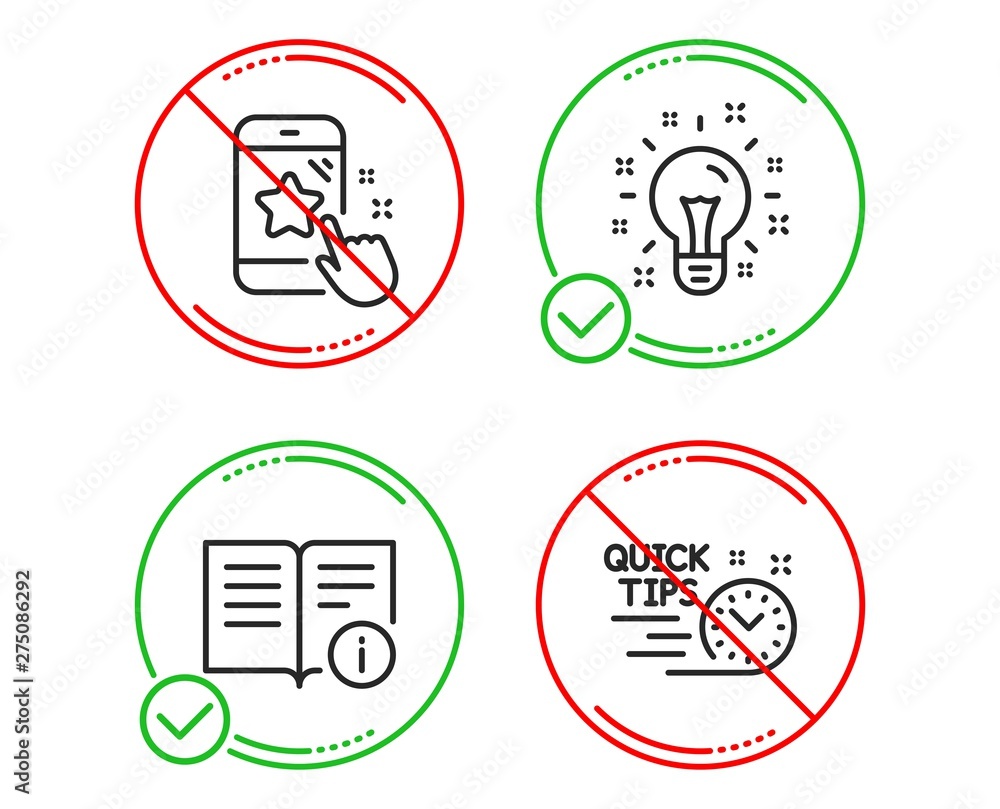 Do or Stop. Star rating, Idea and Technical info icons simple set. Quick tips sign. Phone feedback, Creativity, Documentation. Helpful tricks. Technology set. Line star rating do icon. Vector