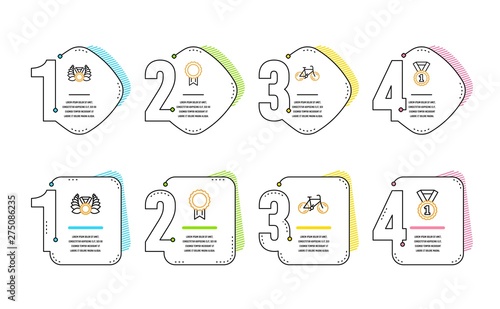 Bicycle, Reward and Laureate medal icons simple set. Best rank sign. Bike, Best medal, Laurel wreath. Sports set. Infographic timeline. Line bicycle icon. 4 options or steps. Vector
