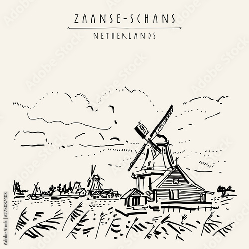Amsterdam, Holland, Netherlands, Europe. Historic windmills and houses. Hand drawn postcard