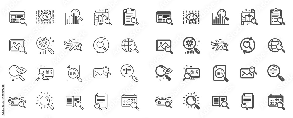 Search line icons. Photo indexation, Artificial intelligence, Car rental icons. Airplane flights, Web search engine, Analytics. Find photo, checklist document, artificial intelligence eye. Vector Search line icons. Photo indexation, Artificial intelligence, Car rental icons. Airplane flights, Web search engine, Analytics. Find photo, checklist document, artificial intelligence eye. Vector