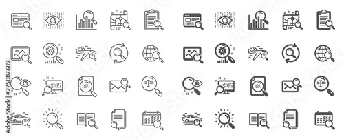 Search line icons. Photo indexation, Artificial intelligence, Car rental icons. Airplane flights, Web search engine, Analytics. Find photo, checklist document, artificial intelligence eye. Vector